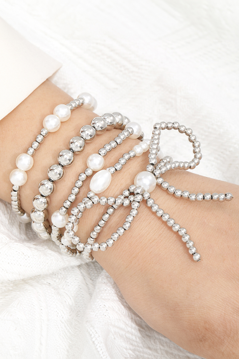 Silvery Bow Knot Pearl Beaded Multi Layered Bracelet Set - loveforevers