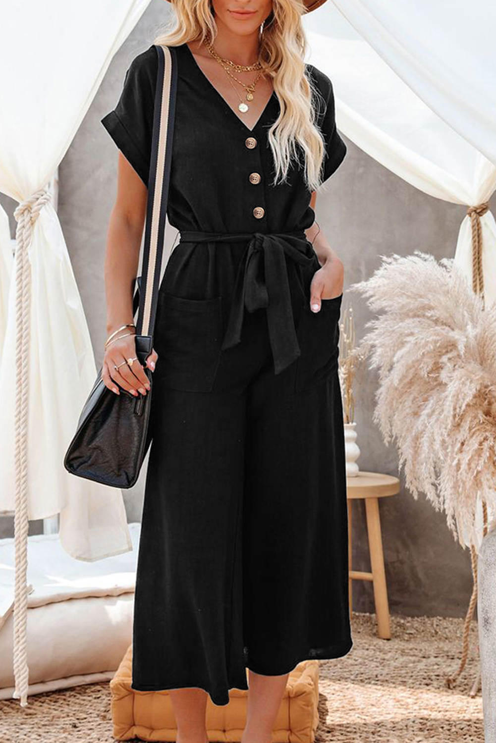 Black Dolman Button Belted V Neck Wide Leg Pocketed Jumpsuit - loveforevers