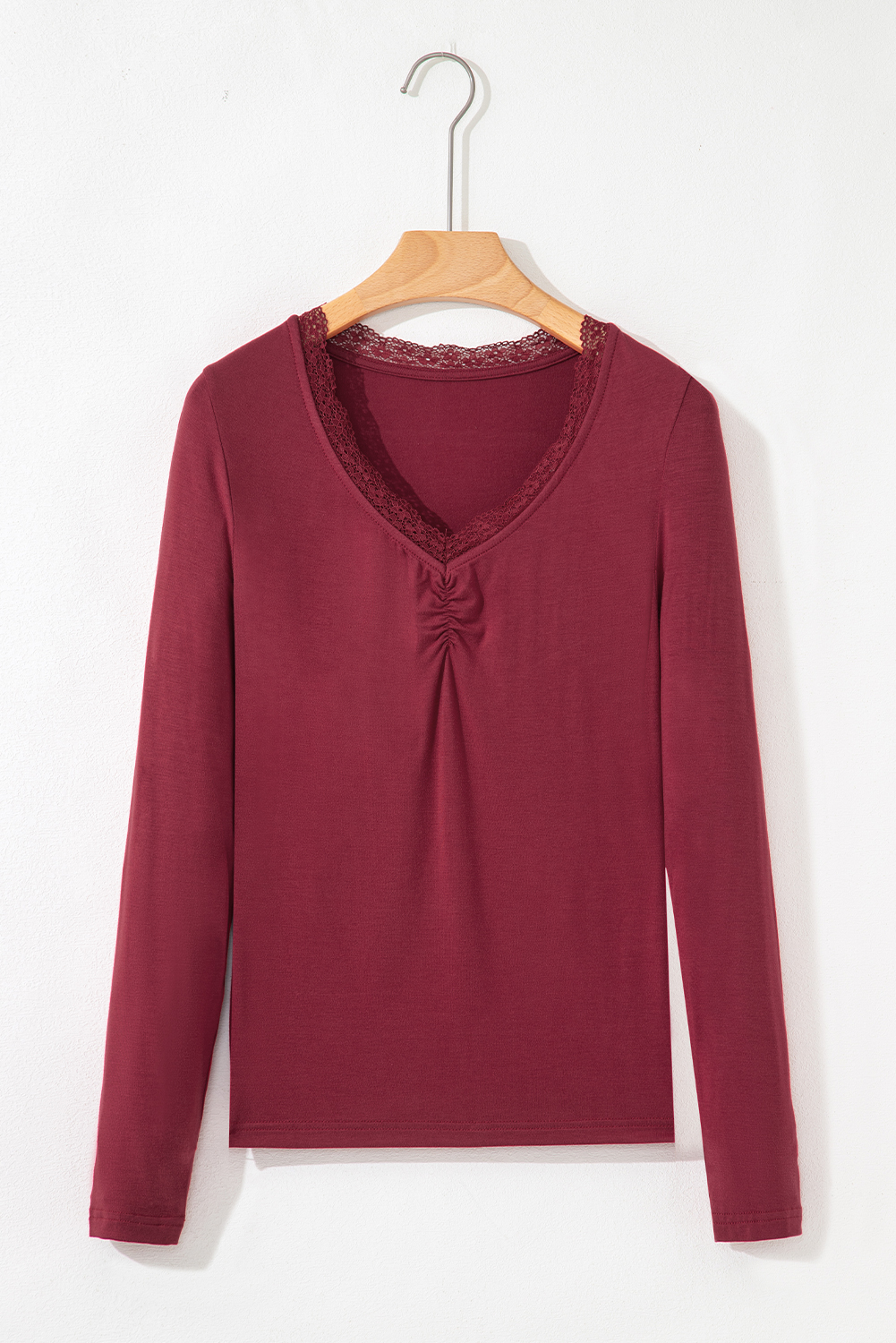 Red Dahlia Lace-trimmed Sweetheart Neckline Ruched Detail Long Sleeve T-shirt - loveforevers