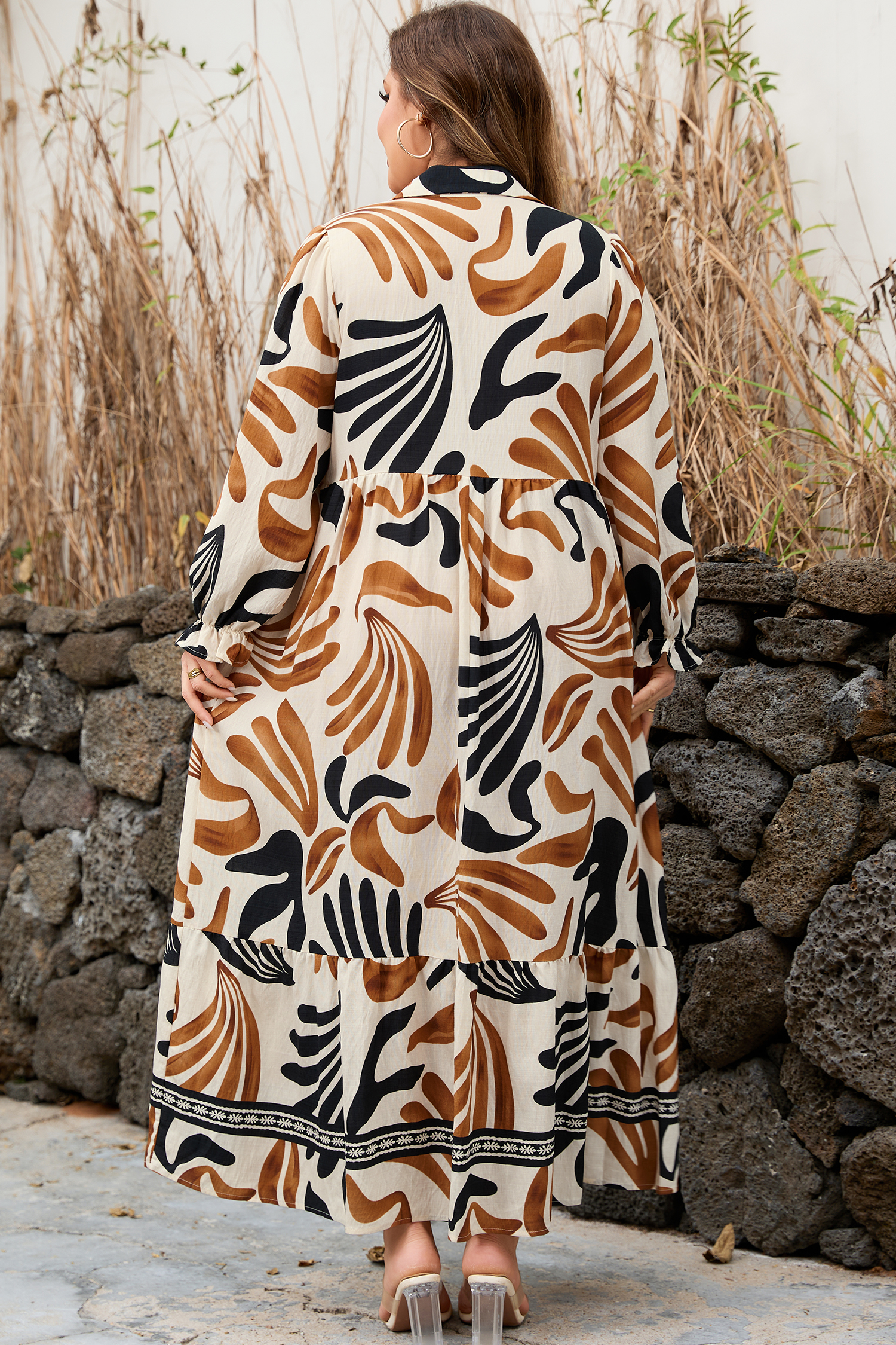 Brown Tropical Printed Contrast Trim Neck Long Sleeve Ruffle Hem Dress - loveforevers