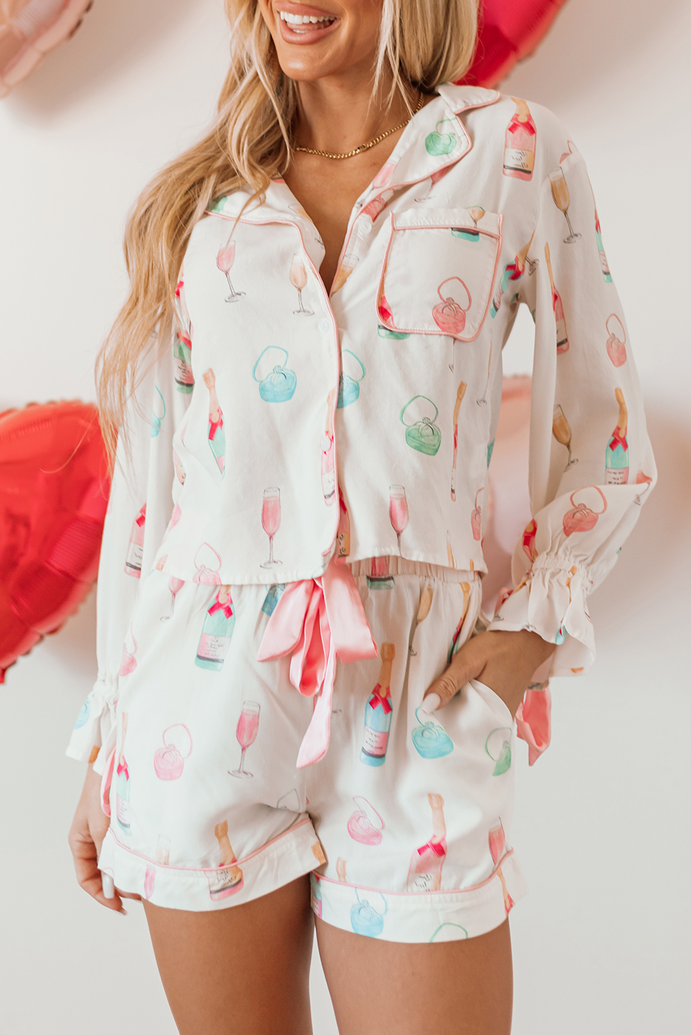 White Christmas Wine Glass Print Bow Knot Two Piece Pajama Set - loveforevers