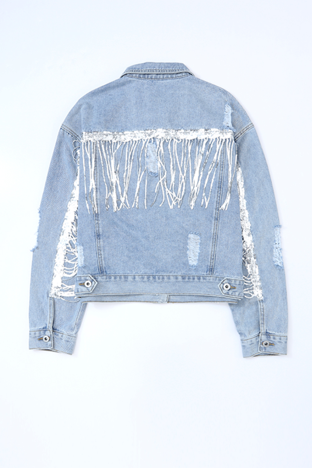 Sky Blue Sequin Embellished Fringe Distressed Denim Jacket - loveforevers
