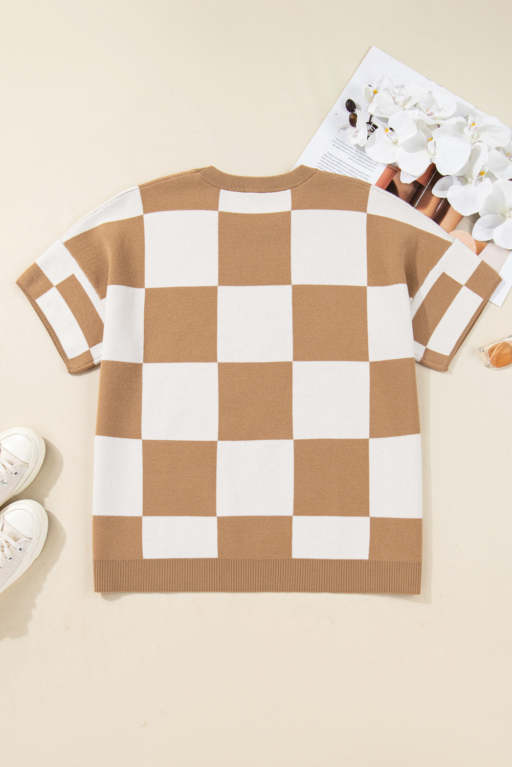 Black Checkered Pattern Loose Drop Shoulder Half Sleeve Sweater - loveforevers