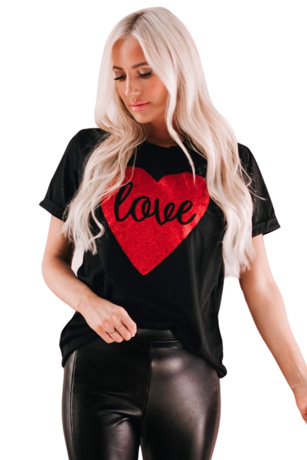 Black Love Heart Shaped Glitter Print T Shirt - loveforevers