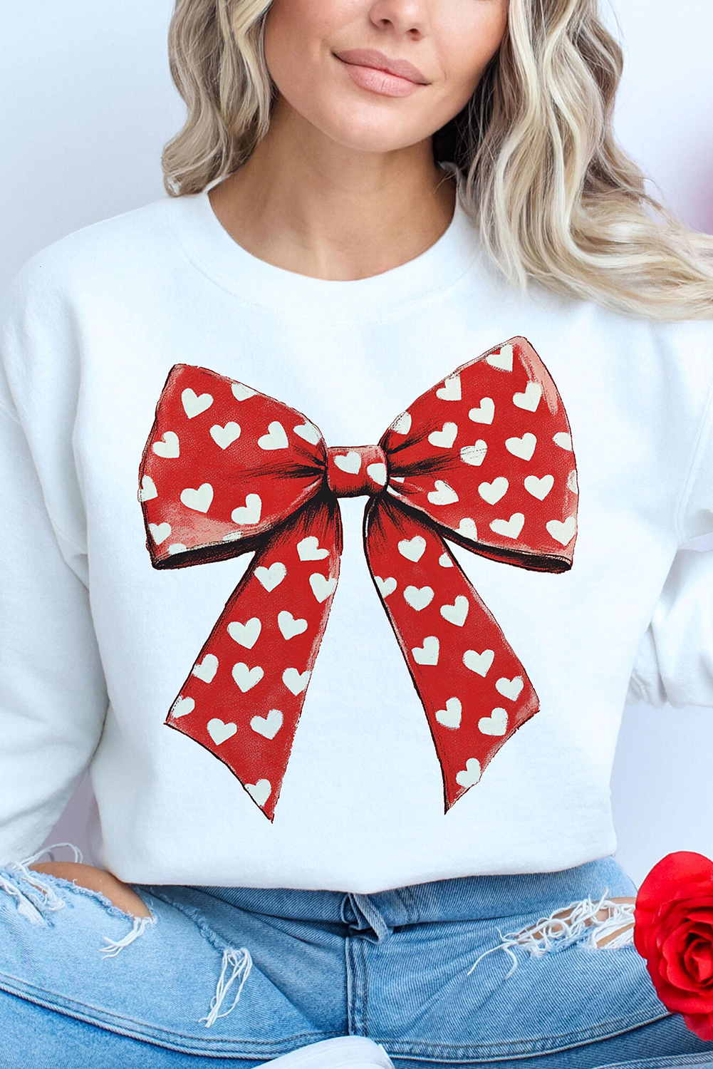 White Heart Bow Printed Round Neck Valentines Pullover Sweatshirt - loveforevers