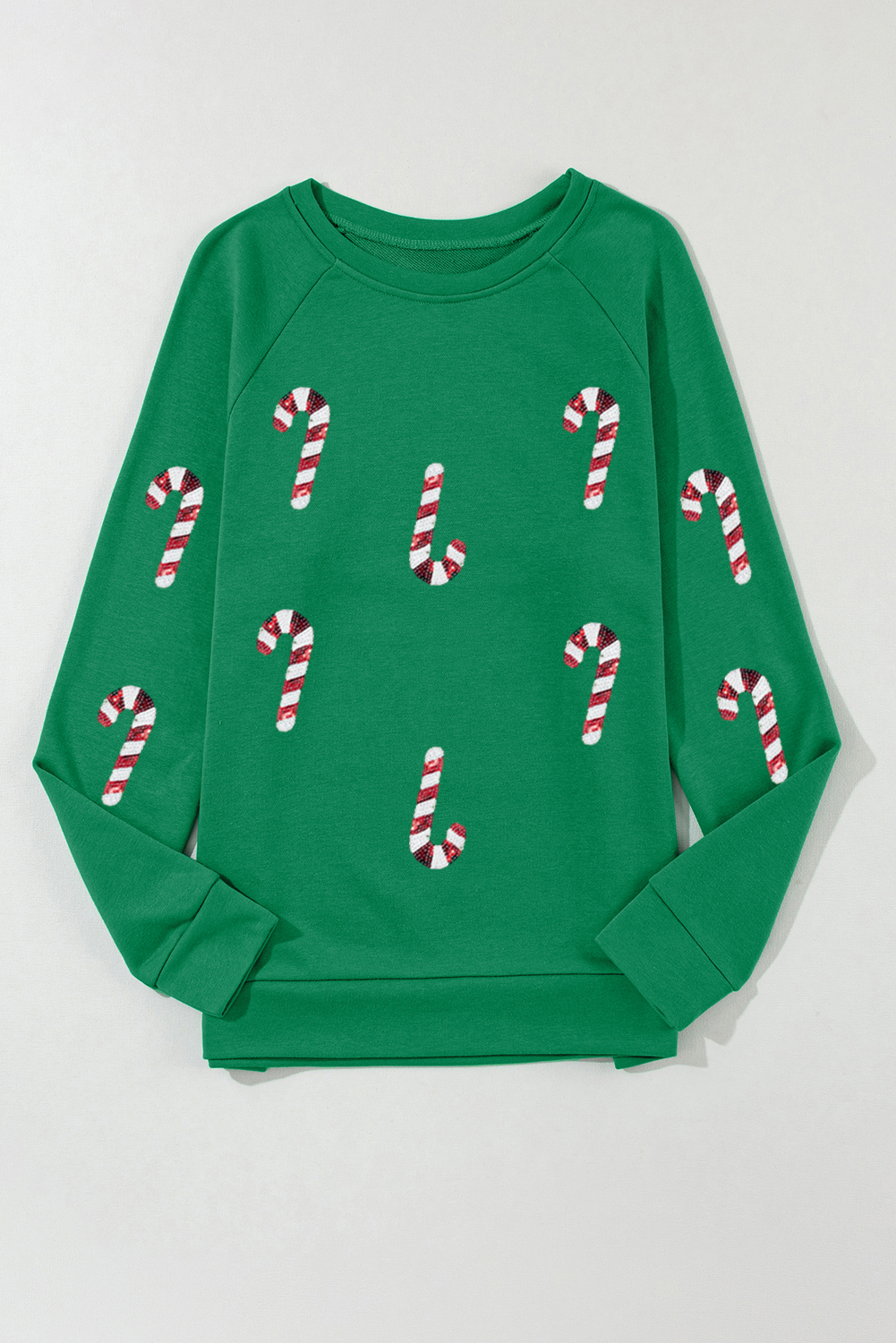 Green Sequin Christmas Candy Cane Graphic Crewneck Pullover Sweatshirt - loveforevers