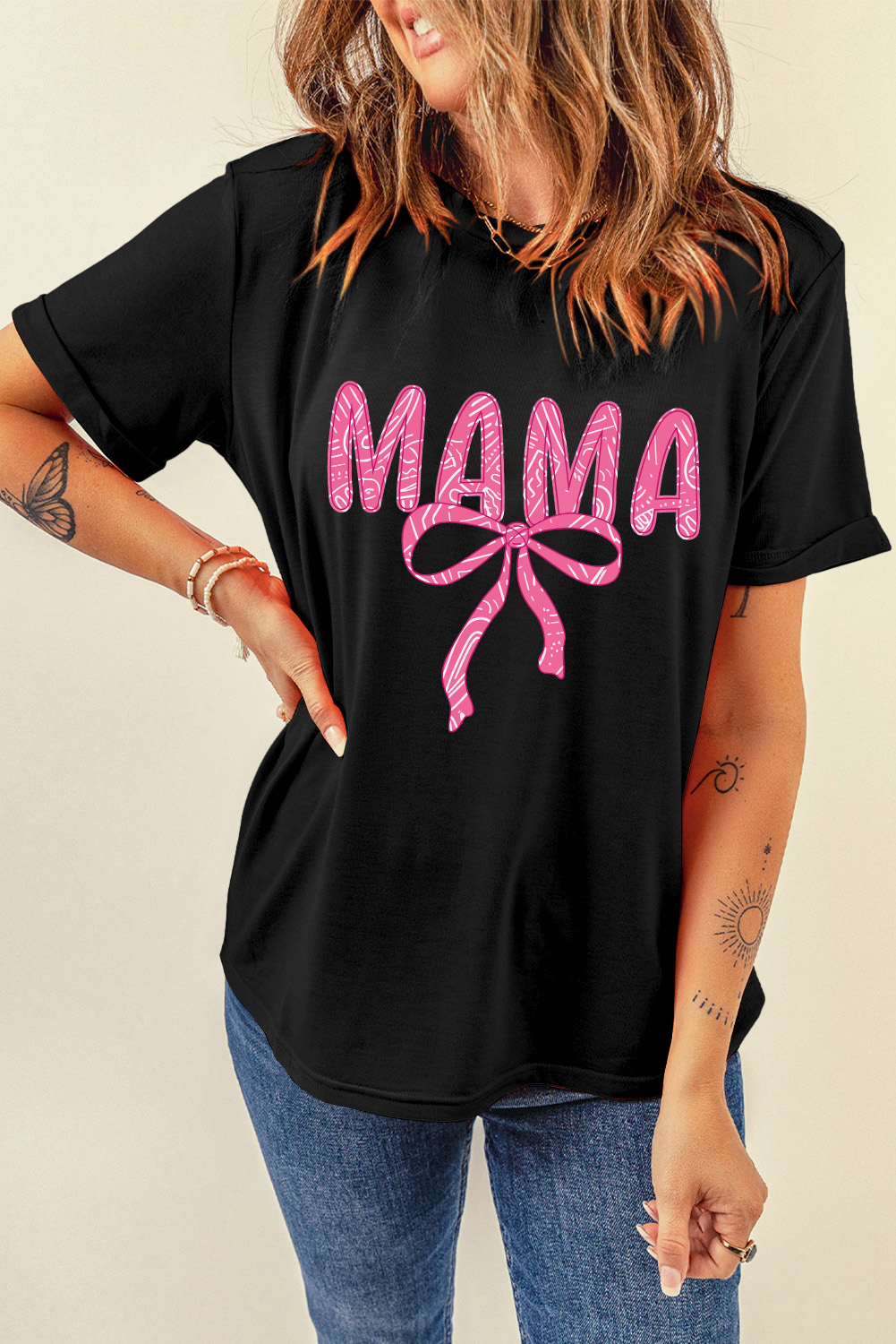 Black MAMA Ribbon Bowknot Graphic Crewneck T Shirt - loveforevers