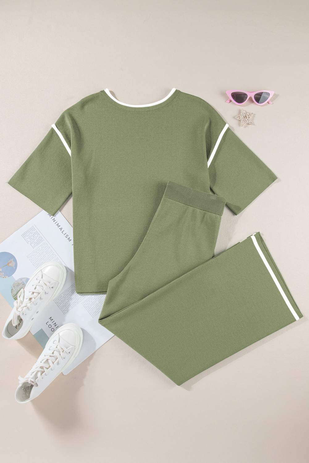 Blackish Green Contrast Trim Half Sleeve Top Drawstring Pants Loose 2pcs Sweater Suit - loveforevers