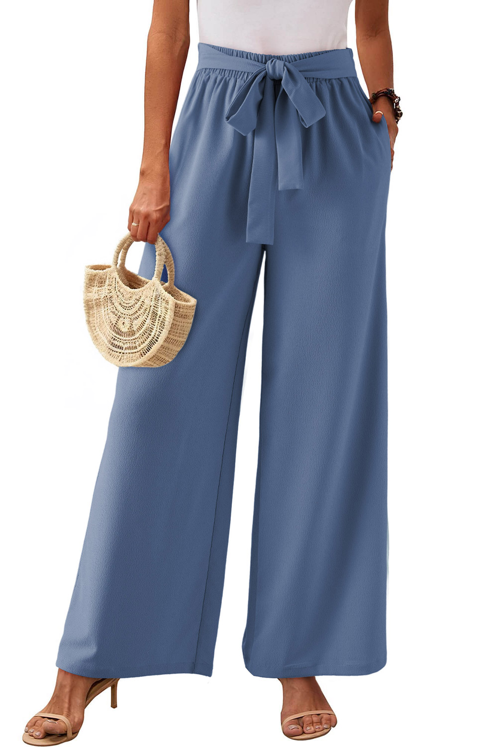 Rose Tan High Waisted Tie Front Side Pocket Wide Leg Flowy Casual Pants - loveforevers