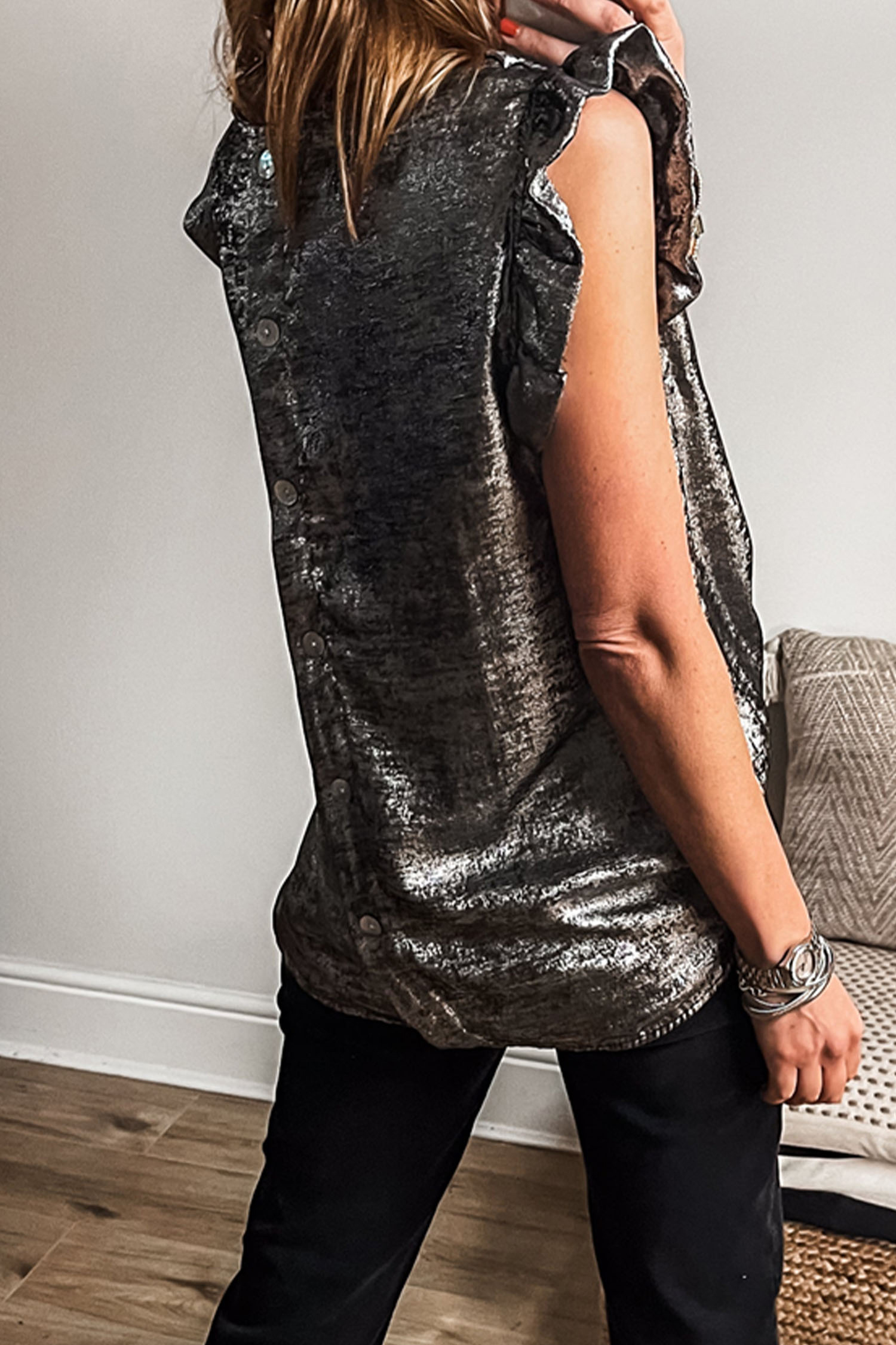 Apricot Metallic Round Neck Smocked Long Sleeve Blouse - loveforevers