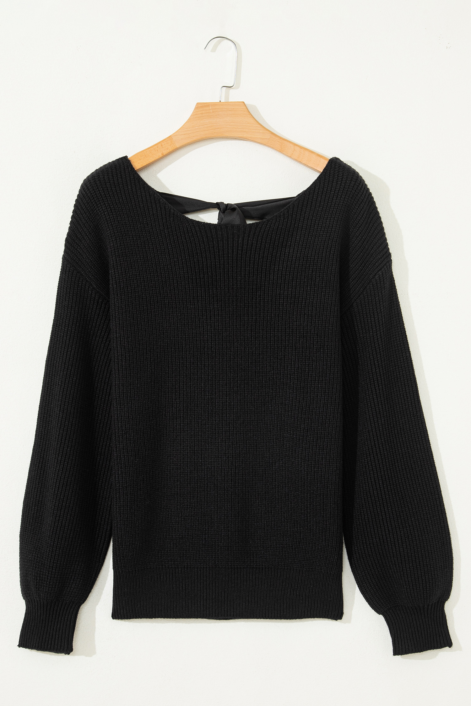 Black Ribbed Knit Ribbon Knot Backless Drop Shoulder Sweater - loveforevers