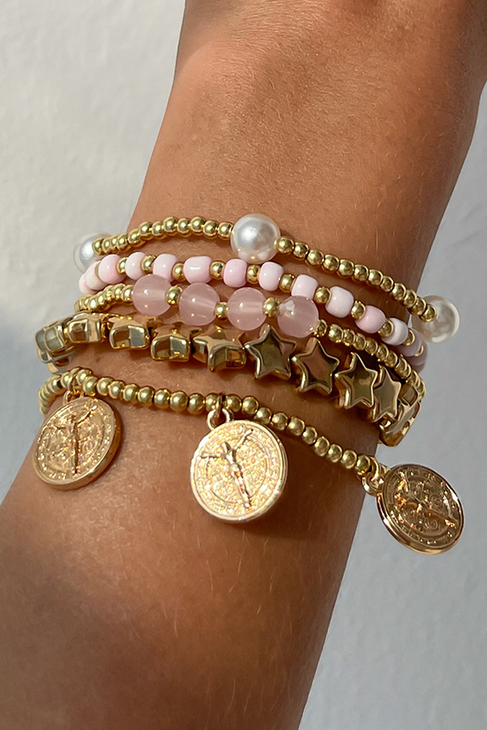 Gold Discs Pearl Stars Beaded Multi Layer Bracelet Set - loveforevers