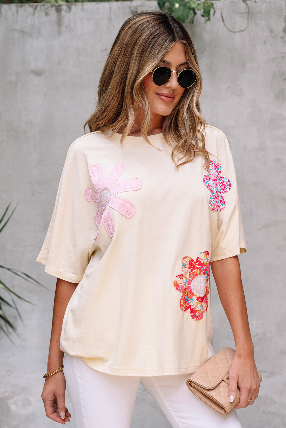Apricot Flower Patched Exposed Stitching Trim Crew Neck Loose Tee - loveforevers