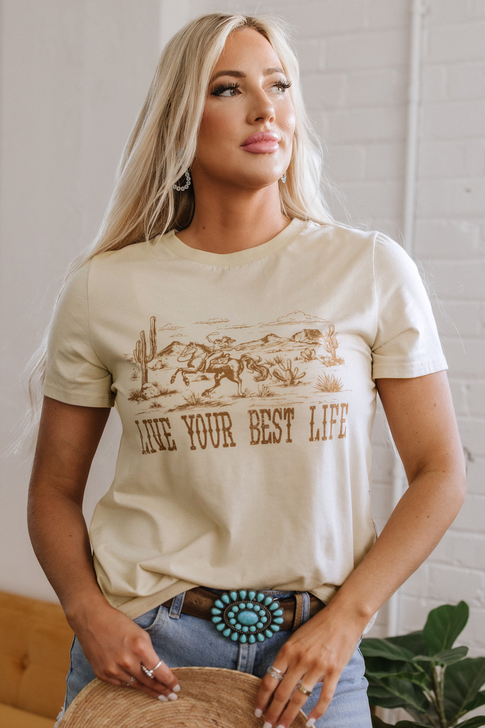 Beige LIVE YOUR BEST LIFE Crew Neck Western Graphic Tee - loveforevers
