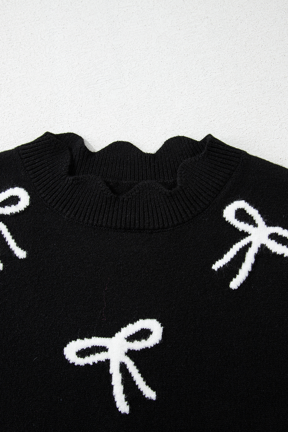 Black Bow Print Side Ties Scalloped Hem Sweater T Shirt - loveforevers