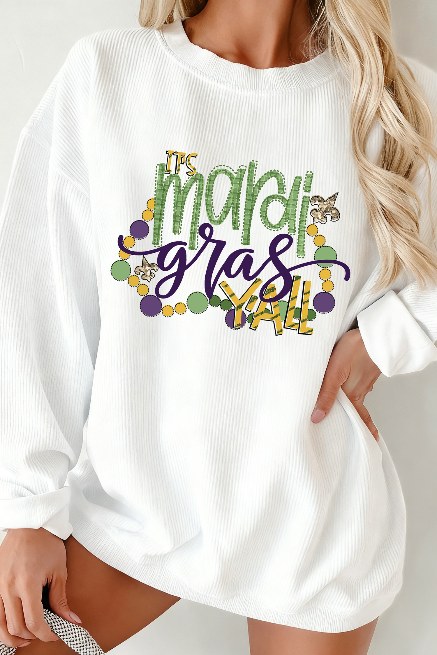 White TIS mardi gras YALL Corded Ribbed Pullover Sweatshirt - loveforevers