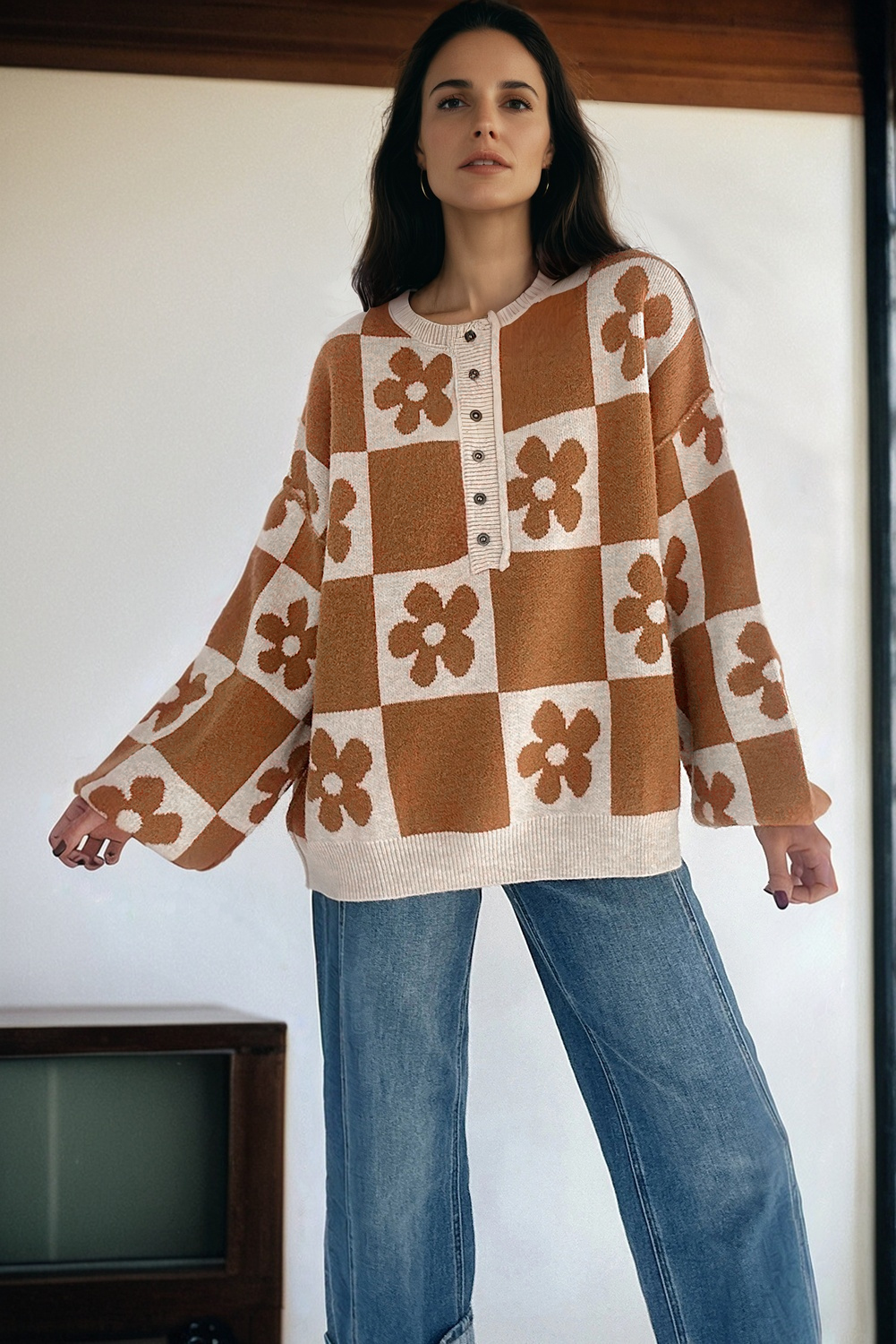 Black Flower Plaid Henley Baggy Sweater - loveforevers