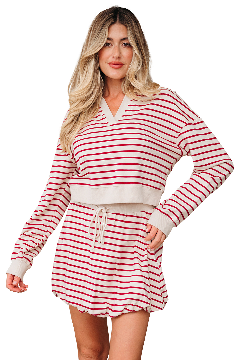 Red Stripe Cropped Collared Drop Shoulder Pullover and Bubble Mini Skirt Set - loveforevers