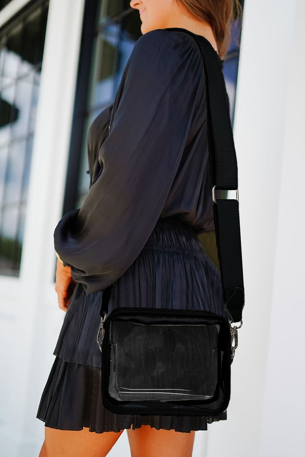 Black Clear PVC Leather Strap Crossbody Bag - loveforevers