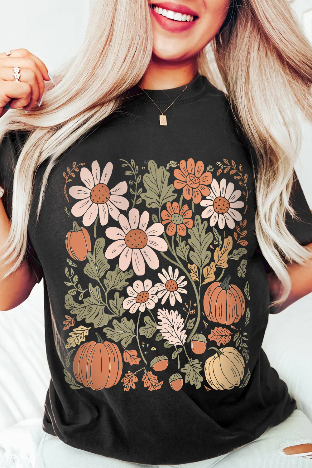 Black Wild Flower Pumpkin Print T Shirt - loveforevers