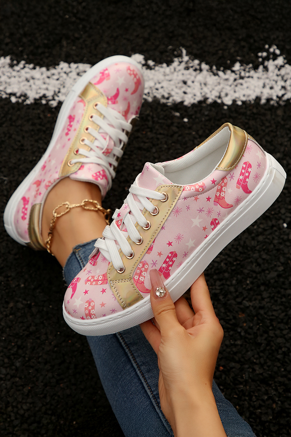 Pink Boots Print PU Leather Lace-up Shoes - loveforevers