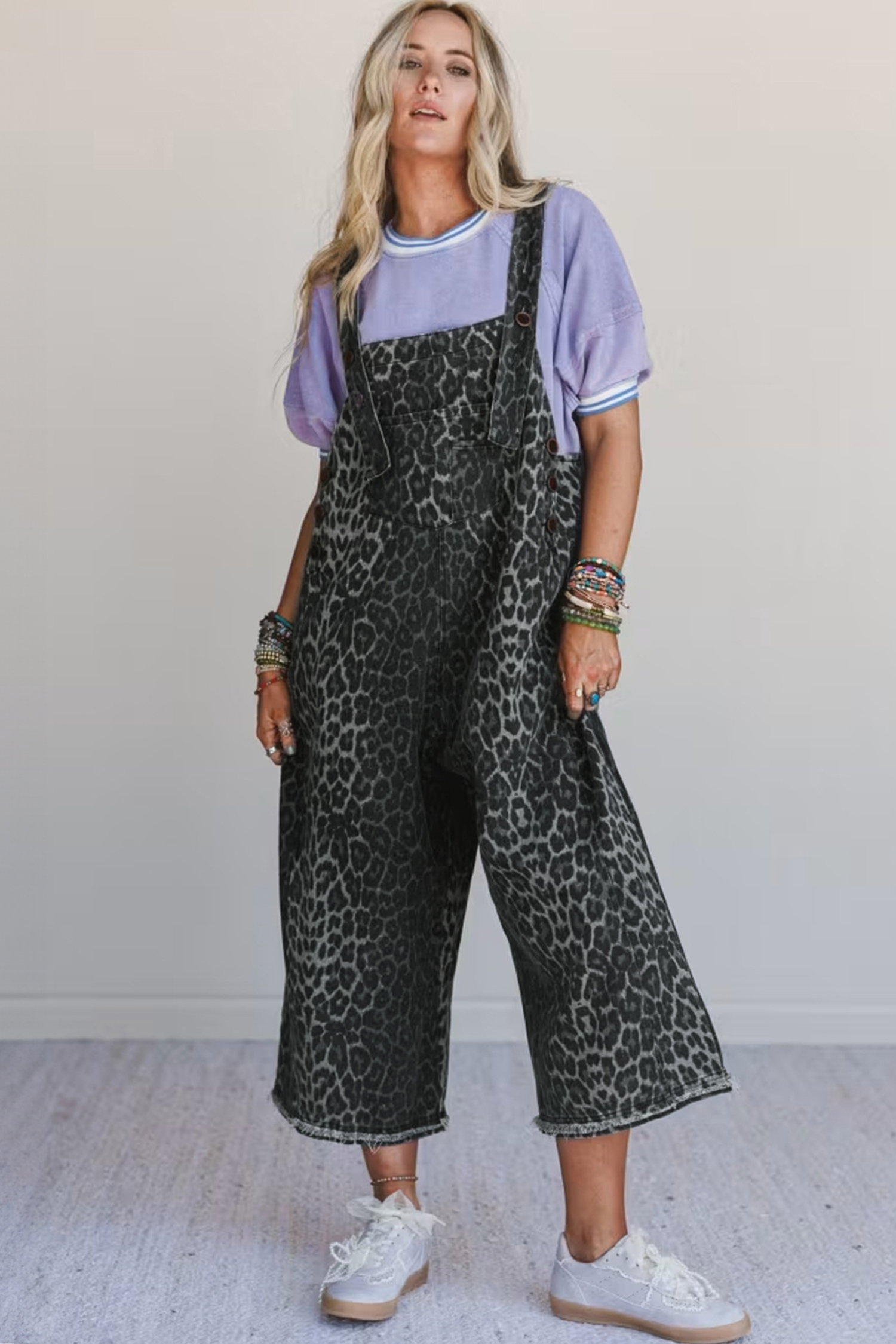 Gray Leopard Print Button Adjustable Straps Cropped Loose Denim Overalls - loveforevers