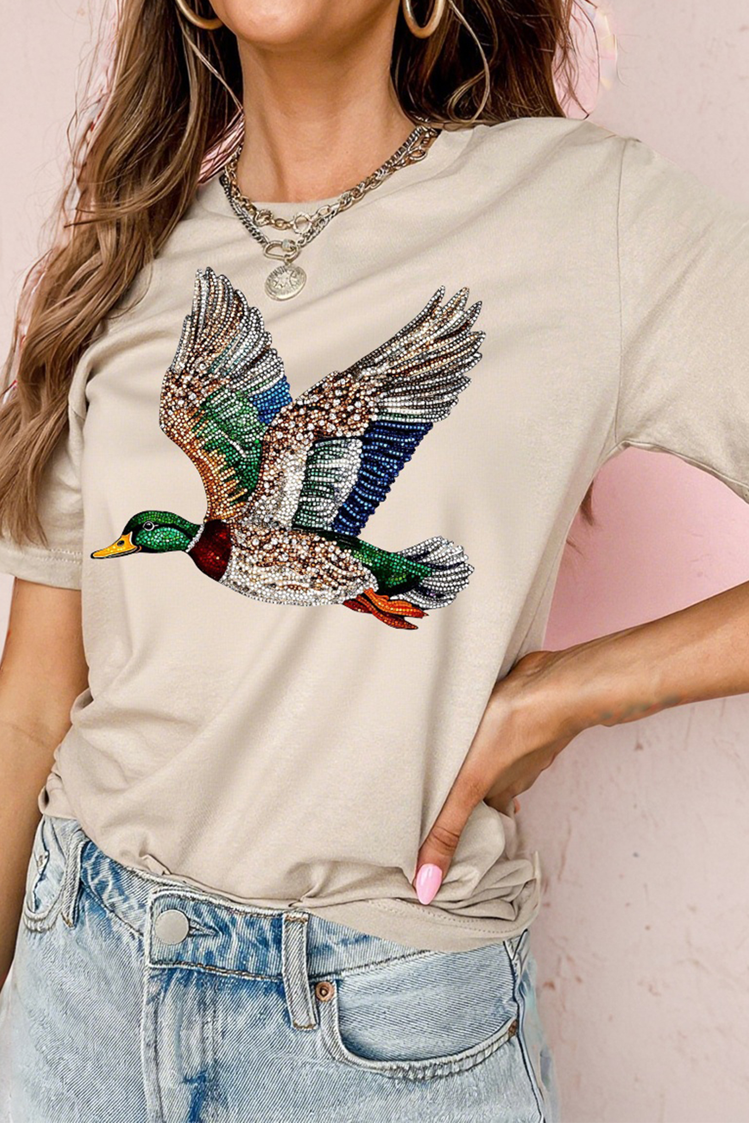 Khaki Flying Mallard Print Crew Neck T Shirt - loveforevers