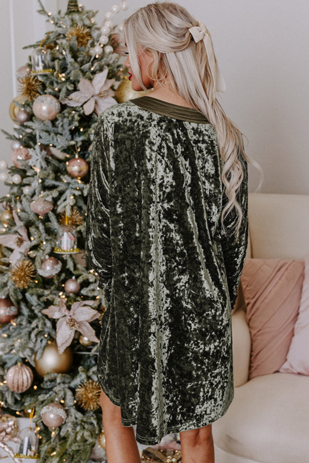 Jungle Green Velvet Long Sleeve V Neck Loose Dress with Pockets - loveforevers