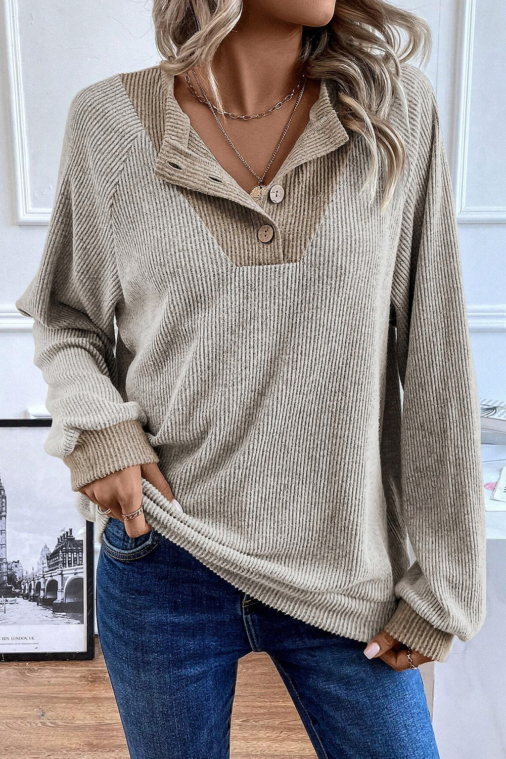 Contrast Ribbed Loose Fit Long Sleeve Top - loveforevers