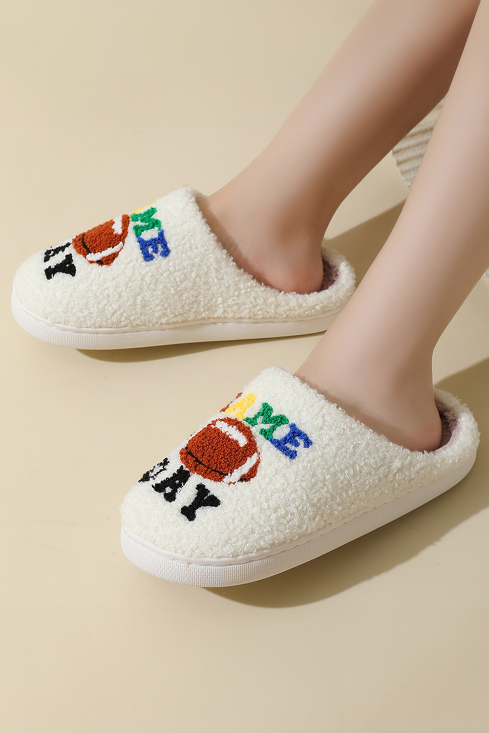 White GAME DAY Rugby Football Plush Slippers - loveforevers