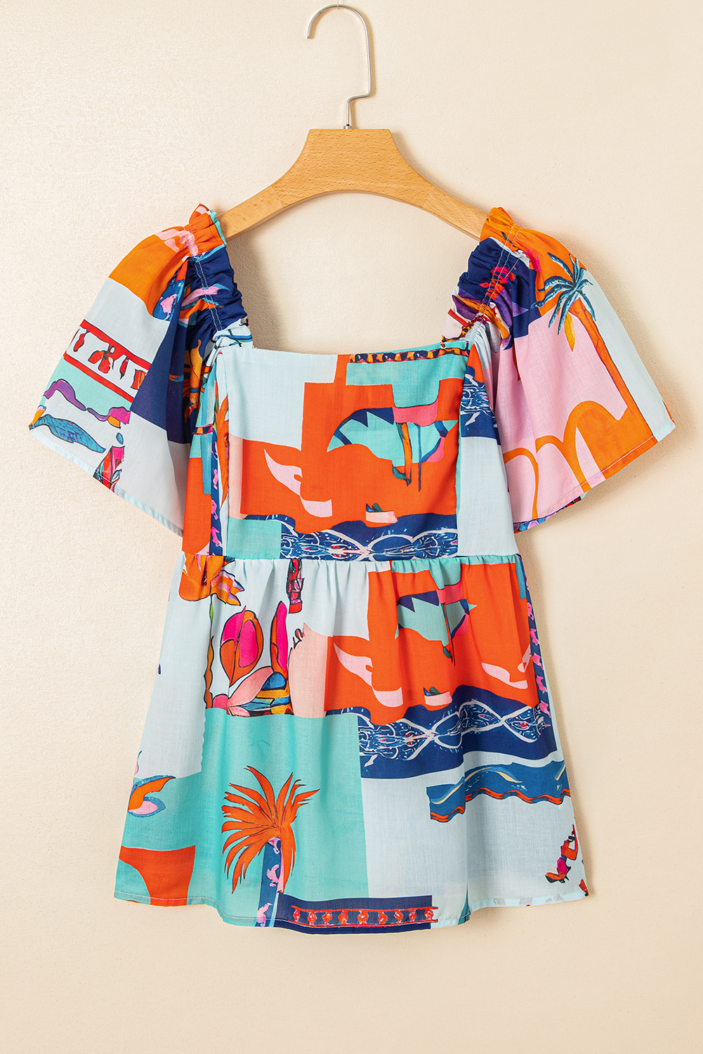 Sky Blue Tropical Printed Square Neck Flutter Sleeve Babydoll Blouse - loveforevers