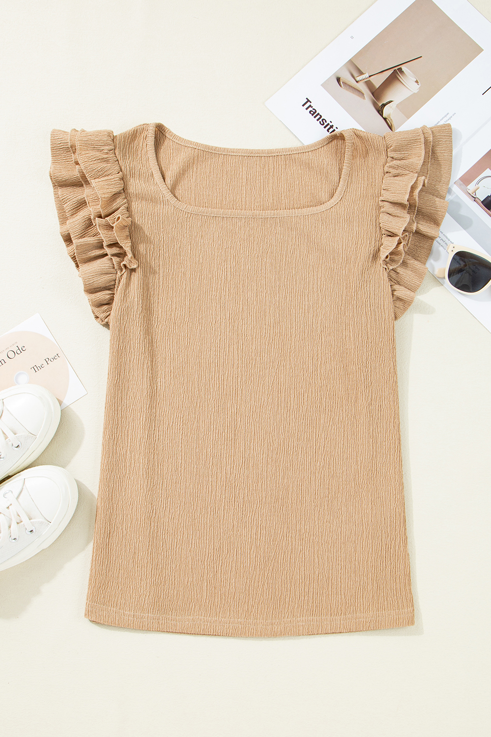 Smoke Gray Ruffled Tiered Sleeve Square Neck Textured Top - loveforevers