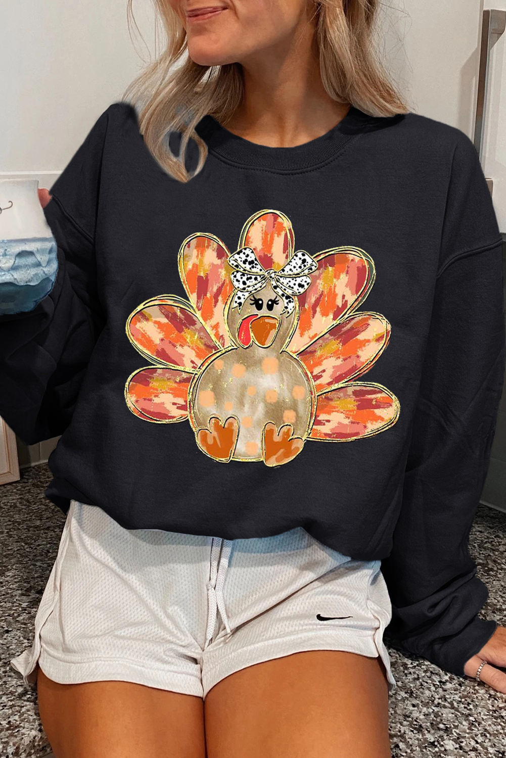 Black Thanksgiving Turkey Graphic Drop Shoulder Sweatshirt - loveforevers