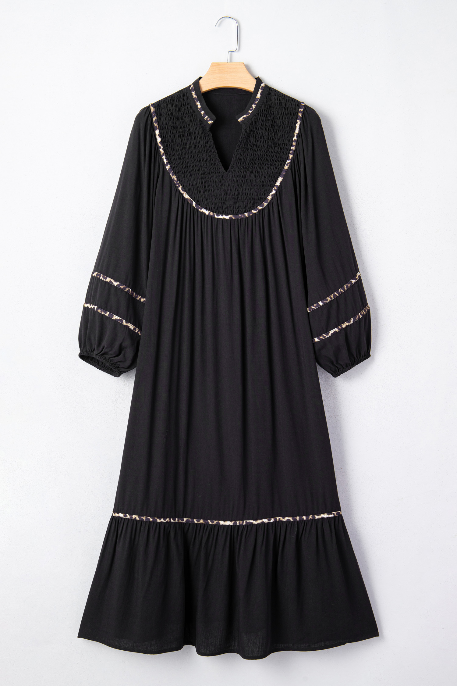 Black Contrast Leopard Trim Split Neck Long Sleeve Casual Midi Dress - loveforevers