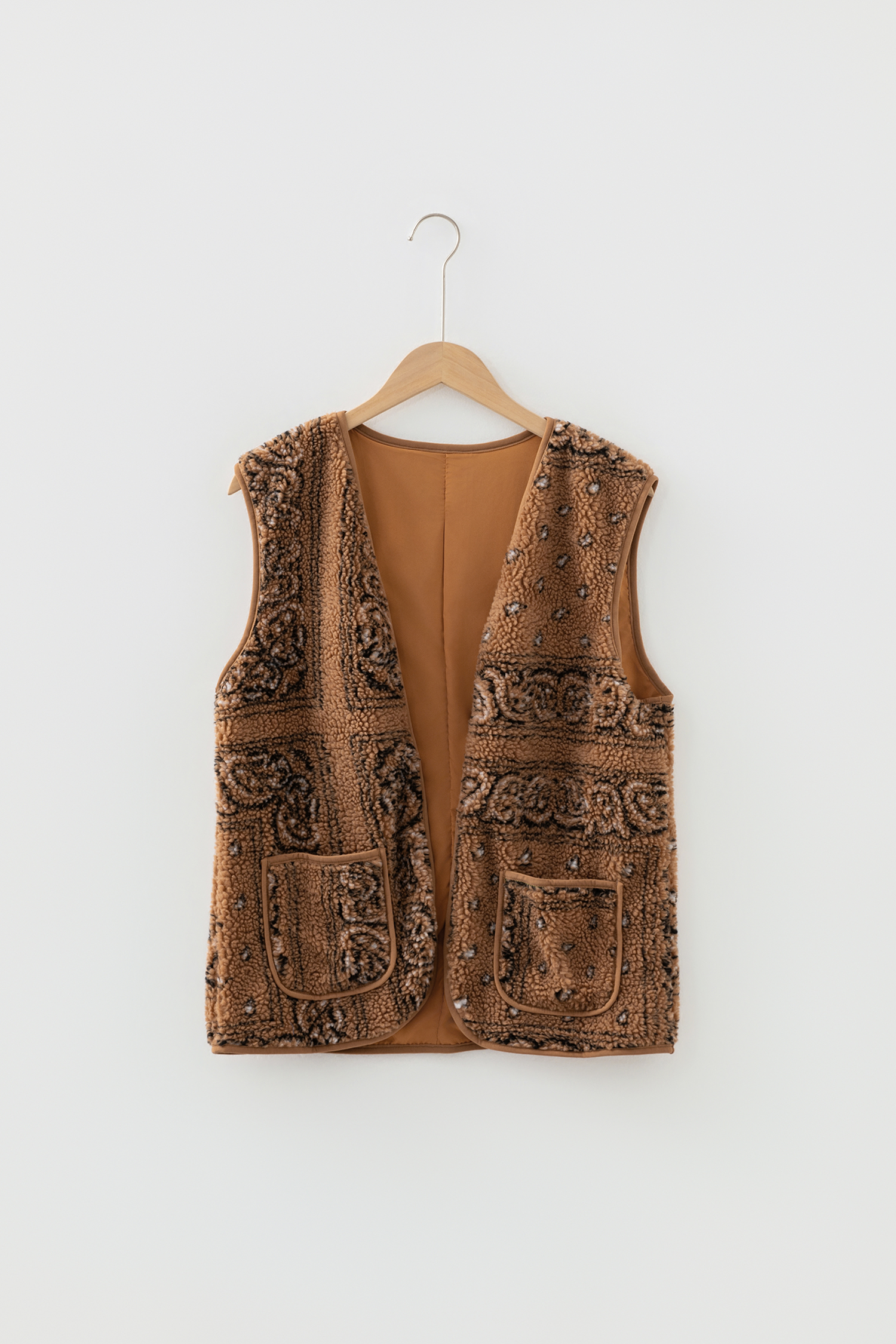 Brown Sherpa Paisley Print Pocketed Western Fashion Vest Jacket - loveforevers