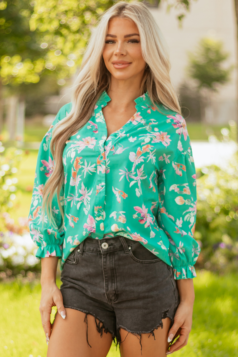 Green Floral Lantern Sleeve Button Front Shirt - loveforevers