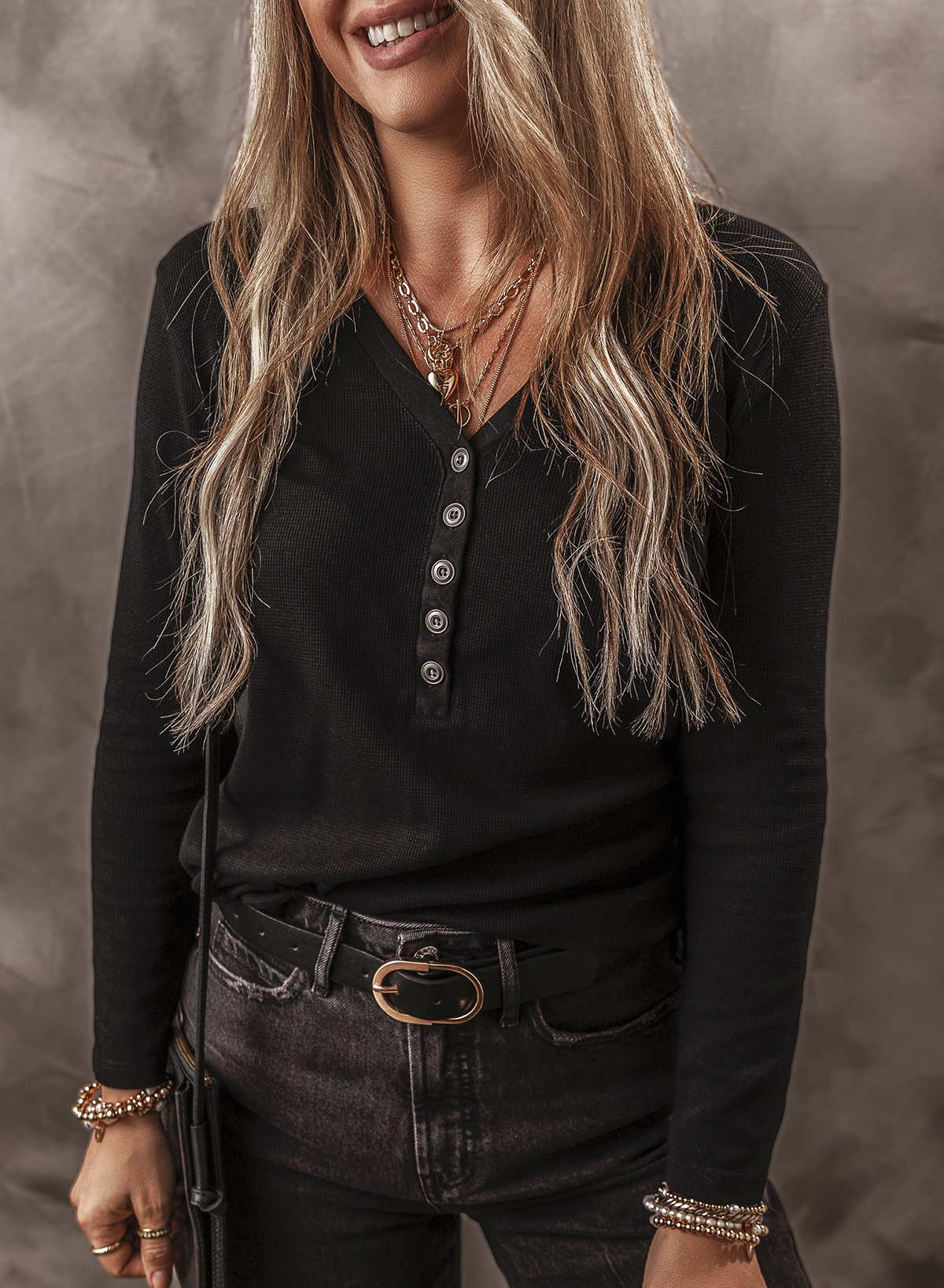 Black Buttoned V Neck Long Sleeve Ribbed Top - loveforevers