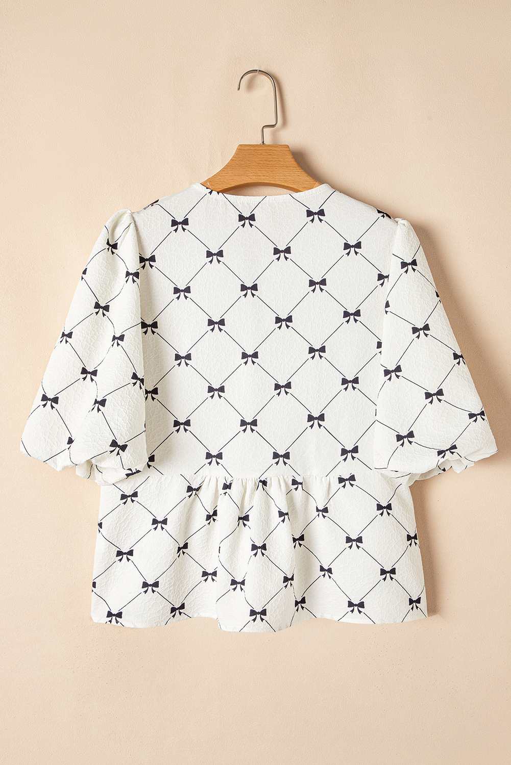 White Bowknot Print Front Knots Bubble Sleeve Blouse - loveforevers