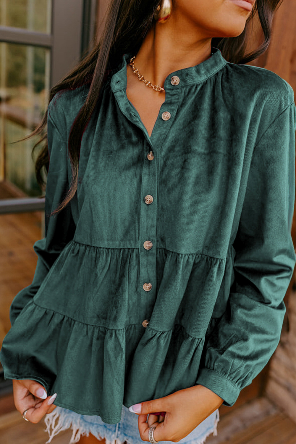 Skobeloff Corduroy Ruffle Tiered Buttoned O Neck Shirt - loveforevers