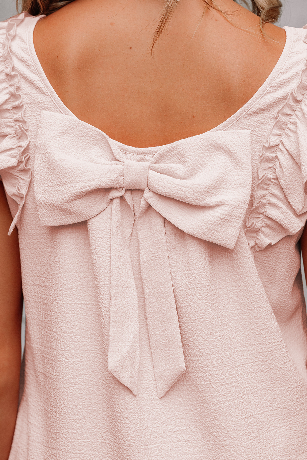 Beau Blue Textured Bow Knot Frilled Butterfly Sleeve Blouse - loveforevers