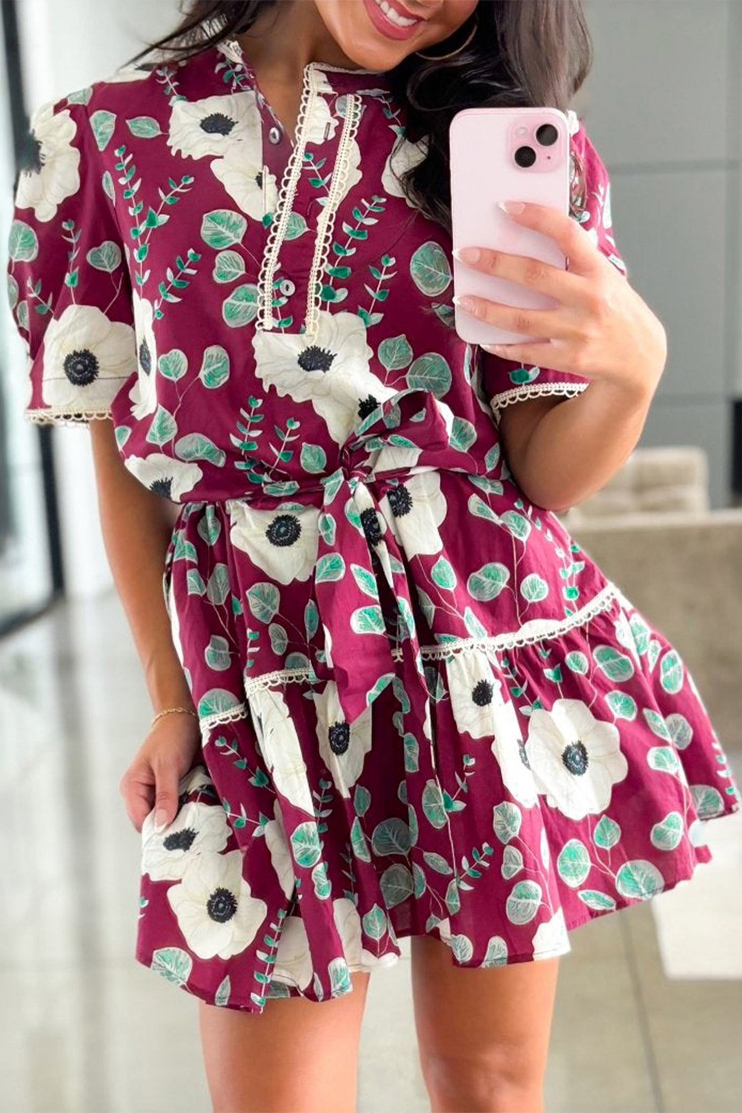 Red Floral Print Trimmed Short Puff Sleeve Mini Dress with Belt - loveforevers