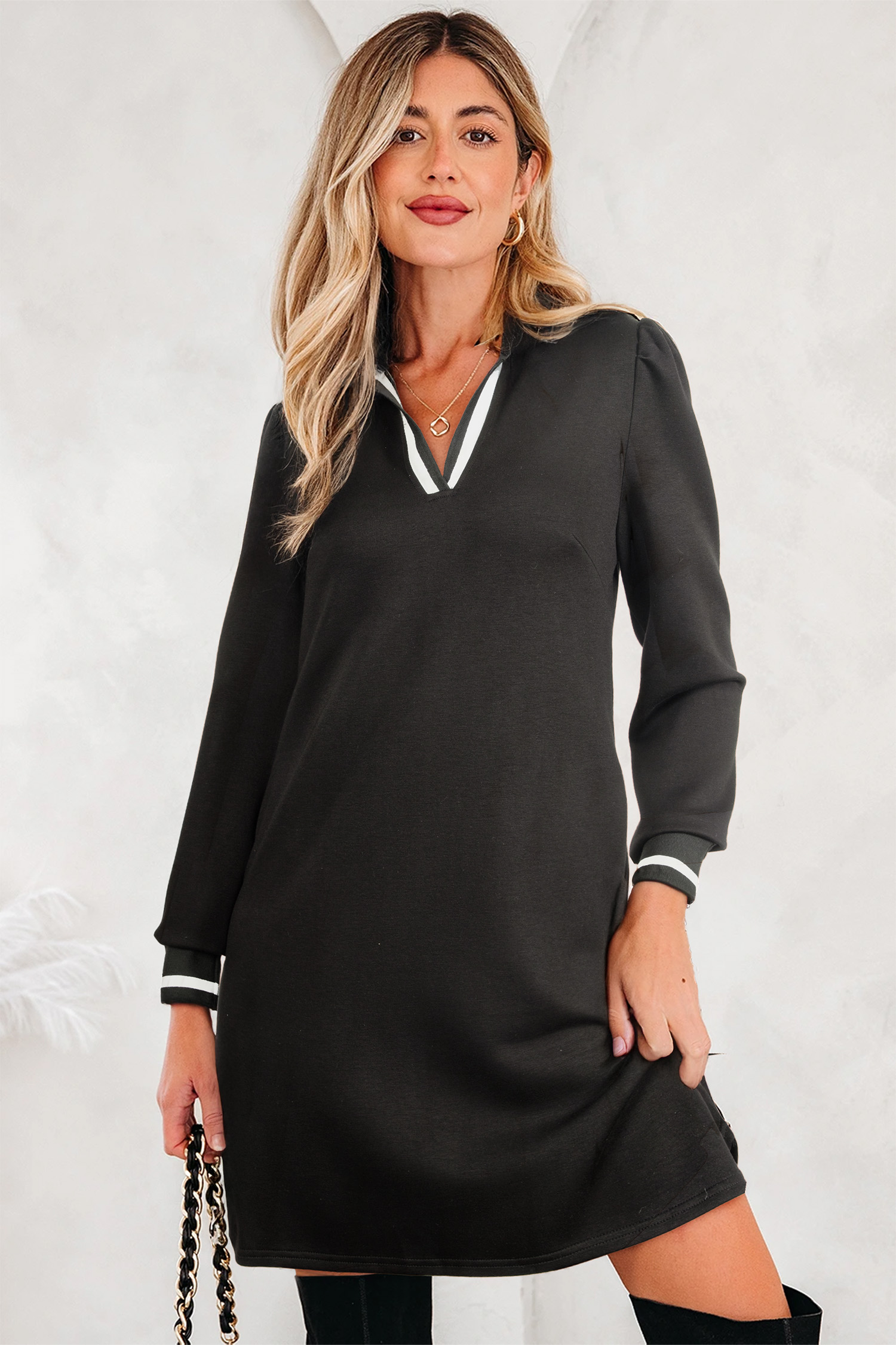 Black Striped Trim V Neck Collared Long Sleeve Shift Mini Dress - loveforevers