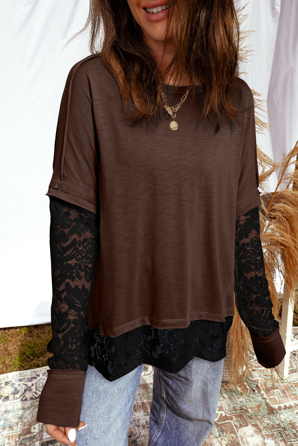 Dark Brown Sheer Lace Patchwork Casual Long Sleeve Tee - loveforevers