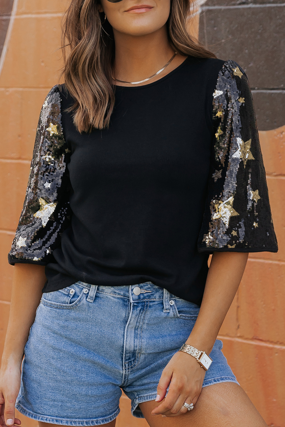 Black Star Sequin Splicing Half Sleeve Top - loveforevers