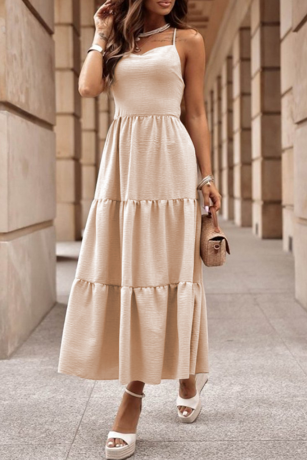 Oatmeal Crossover Backless Bodice Tiered Maxi Dress - loveforevers