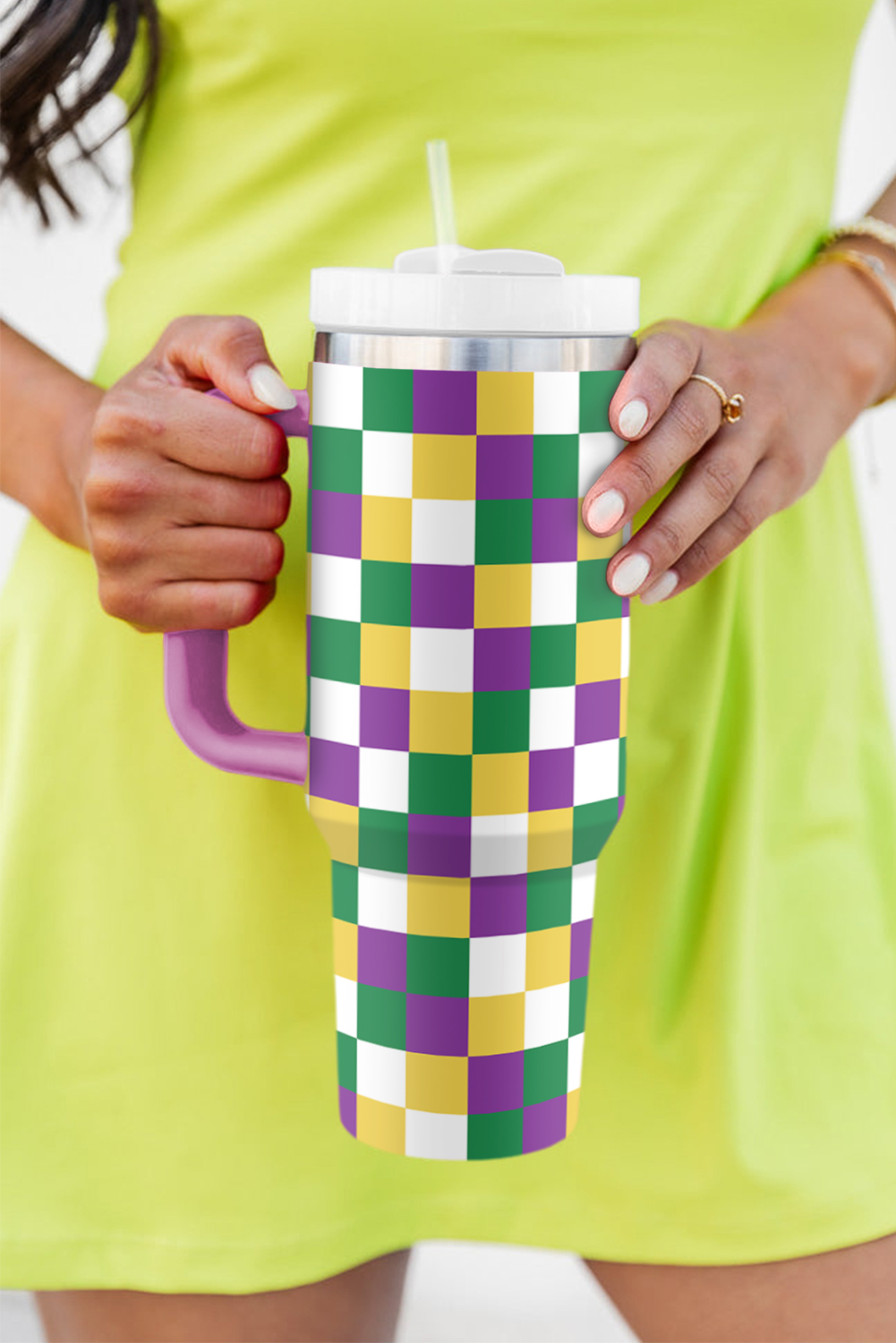 Tillandsia Purple Checkered Print Handle Large Vacuum Cup 40OZ - loveforevers