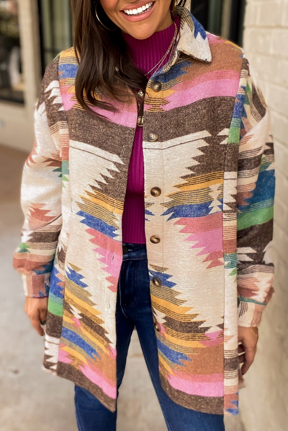 White Aztec Print Button Up Shacket - loveforevers
