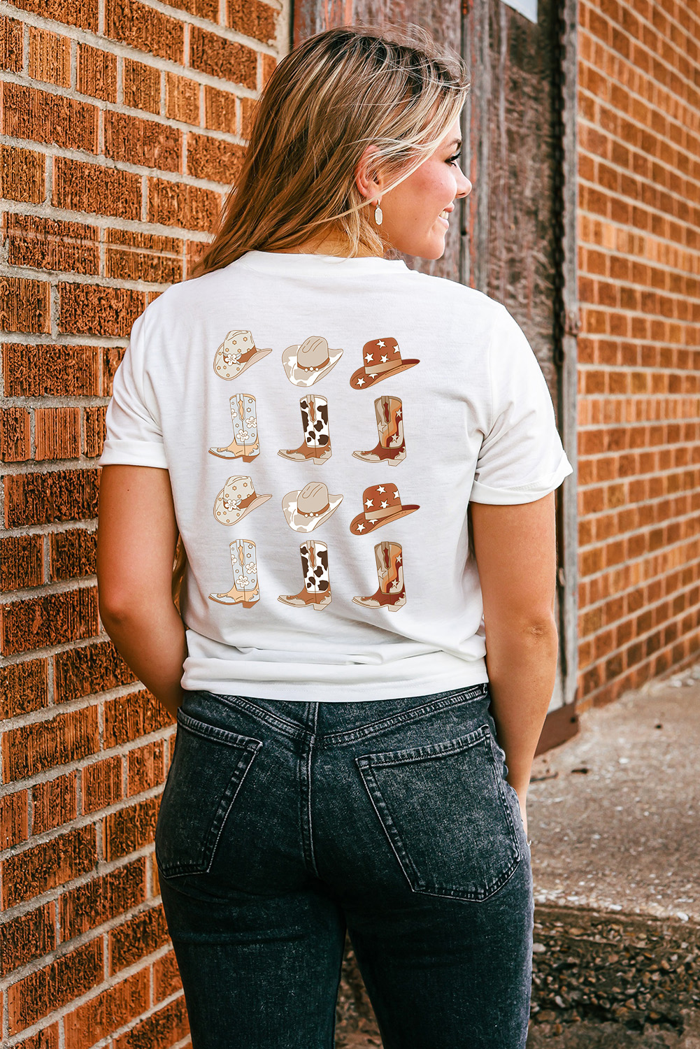 White Western Cowboy Boots Print Round Neck T Shirt - loveforevers