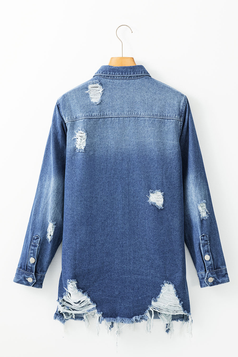 Sky Blue Light Wash Distressed Frayed Long Denim Jacket - loveforevers
