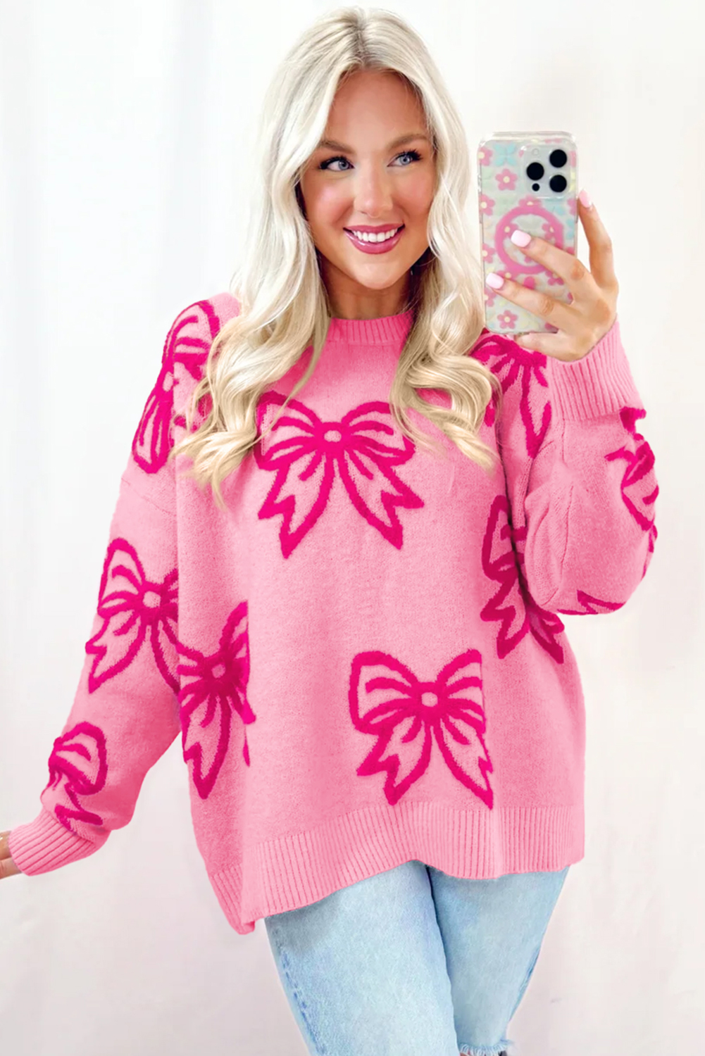 Golden Fleece Bow Pattern Drop Shoulder Loose Sweater - loveforevers